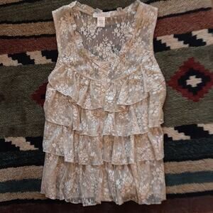 Charlotte Russe NEW Sheer Layered Ruffled Sleeveless Blouse L Neutral Nude Tan